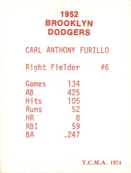 1974 TCMA 1952 Brooklyn Dodgers - Blue/White Red Names / Red Backs #NNO Carl Furillo Back