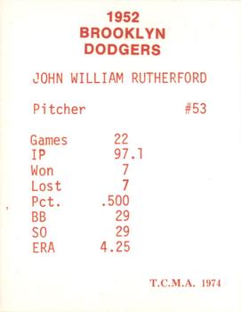1974 TCMA 1952 Brooklyn Dodgers - Blue/White Red Names / Red Backs #NNO Johnny Rutherford Back