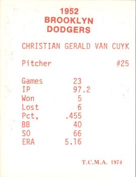 1974 TCMA 1952 Brooklyn Dodgers - Blue/White Red Names / Red Backs #NNO Chris Van Cuyk Back