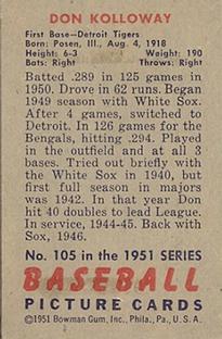 1951 Bowman #105 Don Kolloway Back