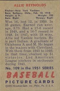 1951 Bowman #109 Allie Reynolds Back