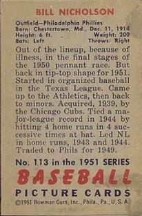 1951 Bowman #113 Bill Nicholson Back