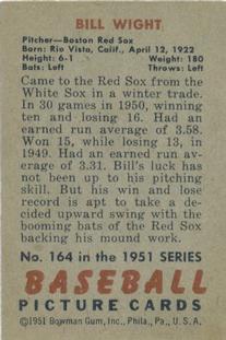 1951 Bowman #164 Bill Wight Back