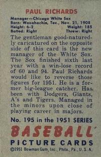 1951 Bowman #195 Paul Richards Back