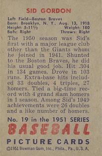 1951 Bowman #19 Sid Gordon Back