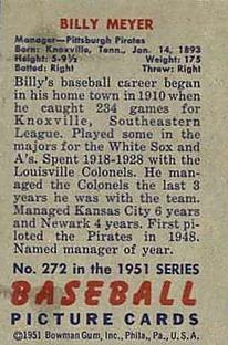 1951 Bowman #272 Billy Meyer Back