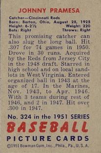 1951 Bowman #324 Johnny Pramesa Back