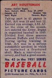 1951 Bowman #45 Art Houtteman Back