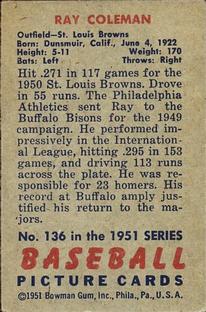 1951 Bowman #136 Ray Coleman Back
