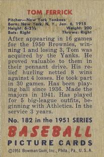 1951 Bowman #182 Tom Ferrick Back