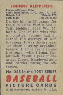 1951 Bowman #248 Johnny Klippstein Back