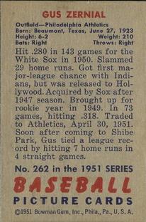 1951 Bowman #262 Gus Zernial Back