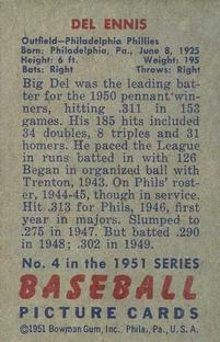 1951 Bowman #4 Del Ennis Back