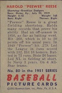 1951 Bowman #80 Pee Wee Reese Back