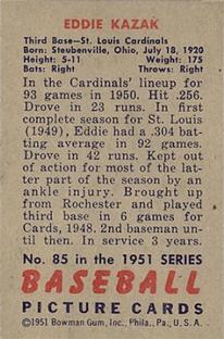 1951 Bowman #85 Eddie Kazak Back