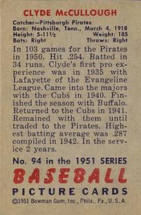 1951 Bowman #94 Clyde McCullough Back