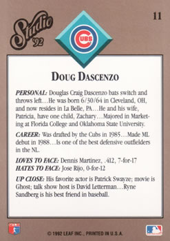 1992 Studio #11 Doug Dascenzo Back