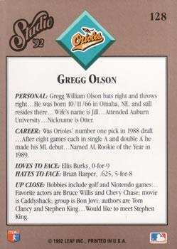 1992 Studio #128 Gregg Olson Back