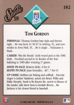 1992 Studio #182 Tom Gordon Back