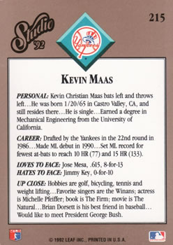 1992 Studio #215 Kevin Maas Back