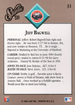 1992 Studio #31 Jeff Bagwell Back
