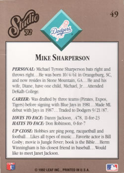 1992 Studio #49 Mike Sharperson Back
