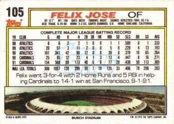 1992 Topps #105 Felix Jose Back