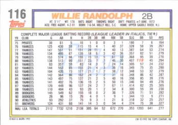 1992 Topps #116 Willie Randolph Back
