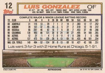 1992 Topps #12 Luis Gonzalez Back