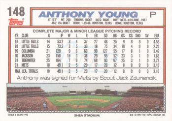 1992 Topps #148 Anthony Young Back