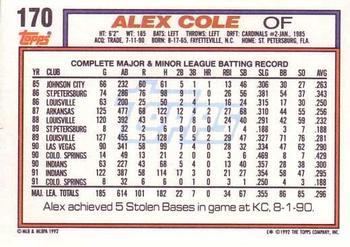 1992 Topps #170 Alex Cole Back