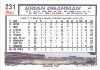1992 Topps #231 Brian Drahman Back