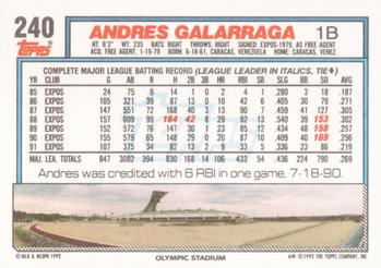 1992 Topps #240 Andres Galarraga Back