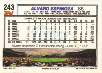 1992 Topps #243 Alvaro Espinoza Back
