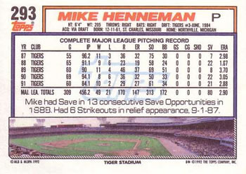 1992 Topps #293 Mike Henneman Back