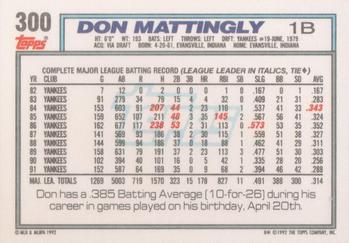 1992 Topps #300 Don Mattingly Back