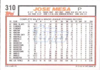 1992 Topps #310 Jose Mesa Back