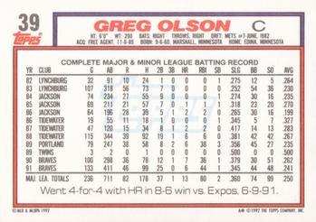 1992 Topps #39 Greg Olson Back