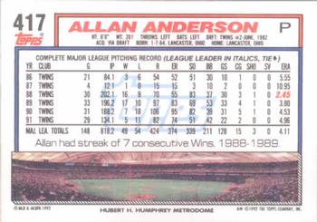 1992 Topps #417 Allan Anderson Back