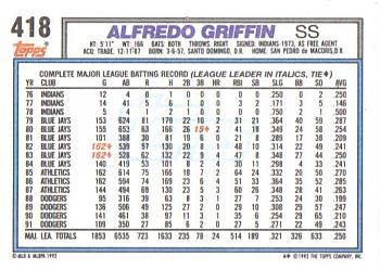 1992 Topps #418 Alfredo Griffin Back