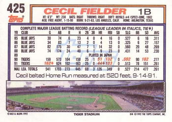 1992 Topps #425 Cecil Fielder Back