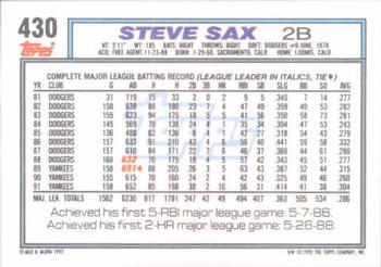 1992 Topps #430 Steve Sax Back
