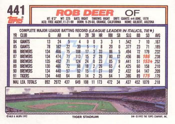 1992 Topps #441 Rob Deer Back