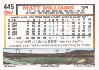 1992 Topps #445 Matt Williams Back