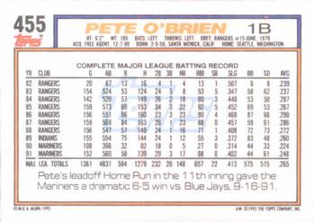 1992 Topps #455 Pete O'Brien Back