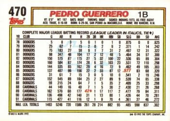 1992 Topps #470 Pedro Guerrero Back