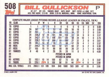 1992 Topps #508 Bill Gullickson Back