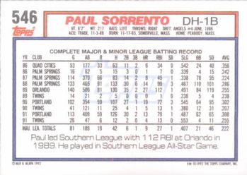 1992 Topps #546 Paul Sorrento Back