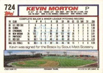 1992 Topps #724 Kevin Morton Back