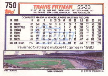 1992 Topps #750 Travis Fryman Back